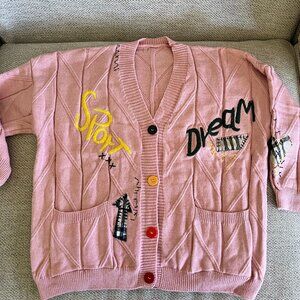 Women Oversized Cute Patched Knitted Cardigan Pink Size 2XL